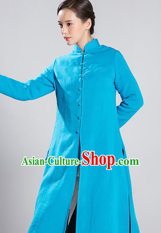 Traditional Chinese Tang Suit Reversible Dust Coat Costumes China Martial Arts Flax Garment Black and Blue Overcoat for Women