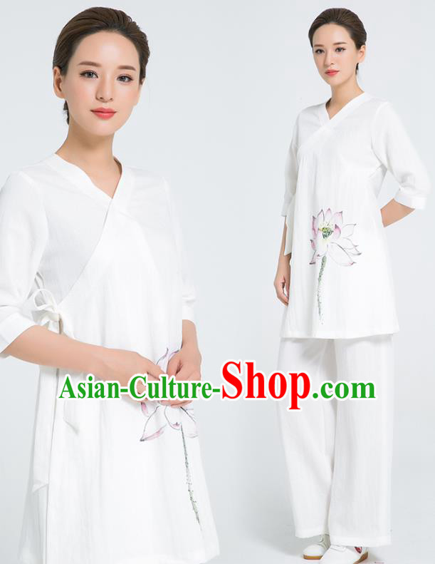 Professional Chinese Hand Painting Lotus White Flax Blouse and Pants Kung Fu Costumes Tai Chi Training Garment Outfits for Women