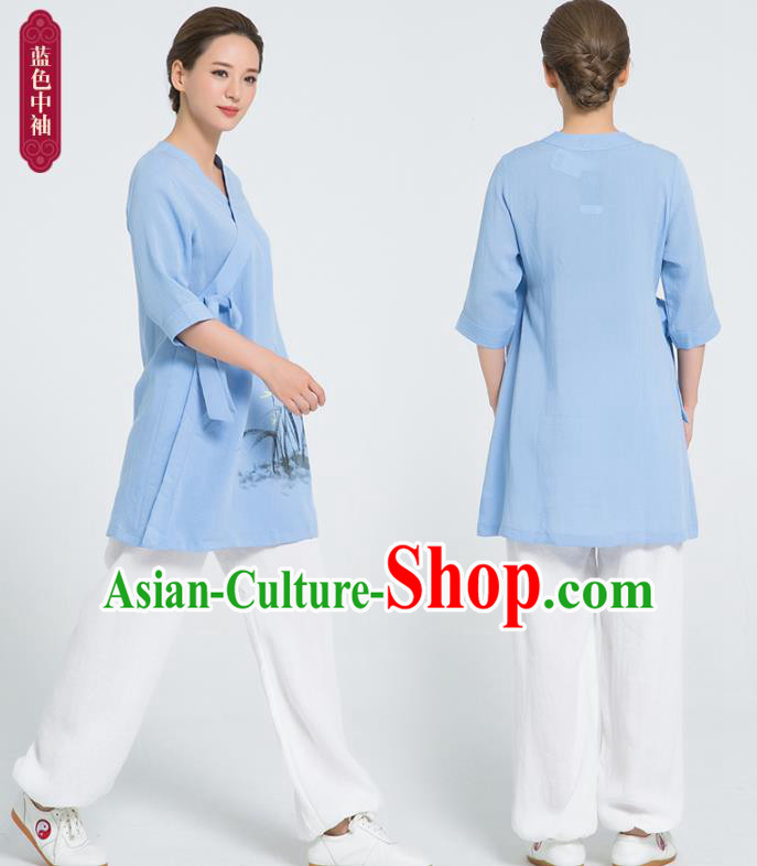 Professional Chinese Hand Painting Orchid Blue Flax Blouse and Pants Kung Fu Costumes Tai Chi Training Garment Outfits for Women