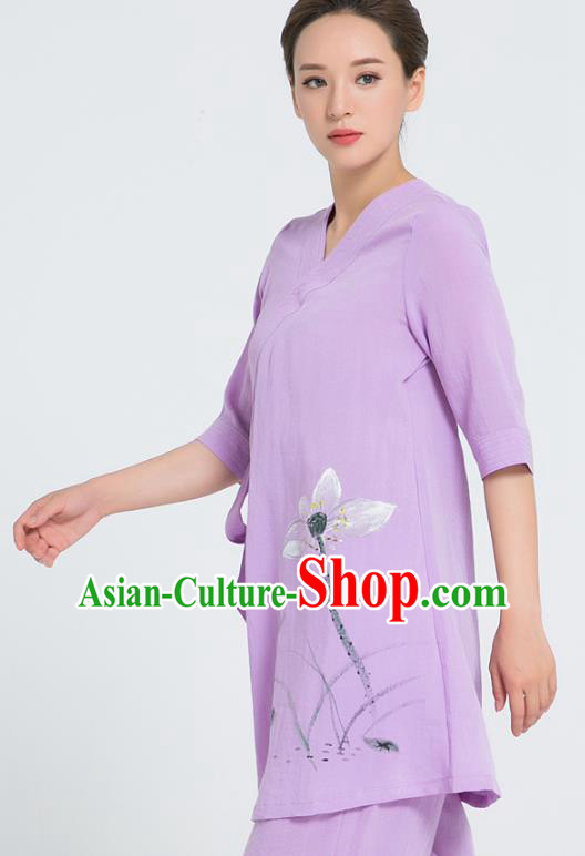 Professional Chinese Hand Painting Lotus Lilac Flax Blouse and Pants Kung Fu Costumes Tai Chi Training Garment Outfits for Women