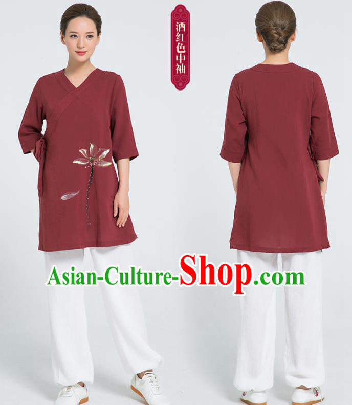 Professional Chinese Hand Painting Lotus Wine Red Flax Blouse and Pants Kung Fu Costumes Tai Chi Training Garment Outfits for Women