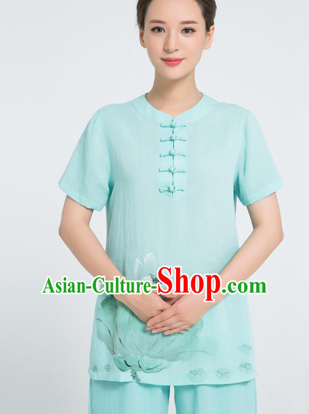 Professional Chinese Tai Chi Hand Painting Lotus Green Flax Blouse and Pants Costumes Kung Fu Training Garment Martial Arts Outfits for Women