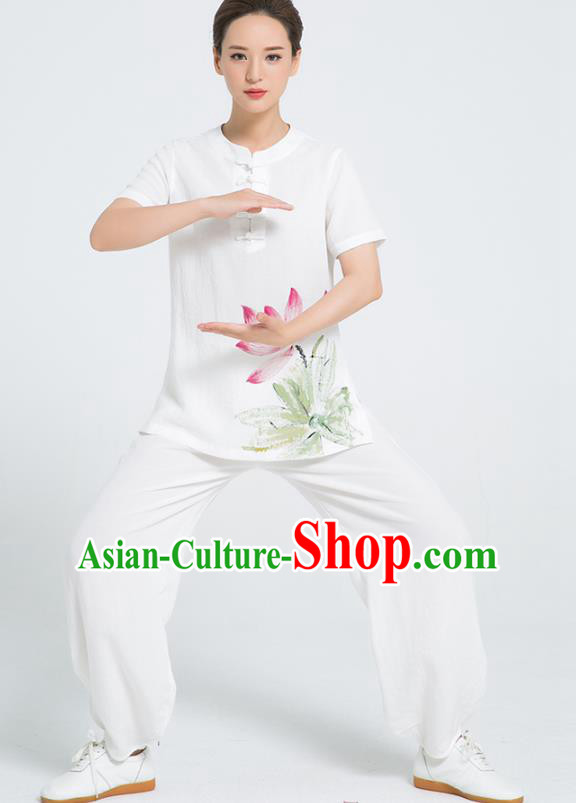 Professional Chinese Tai Chi Hand Painting Lotus White Flax Blouse and Pants Costumes Kung Fu Training Garment Martial Arts Outfits for Women