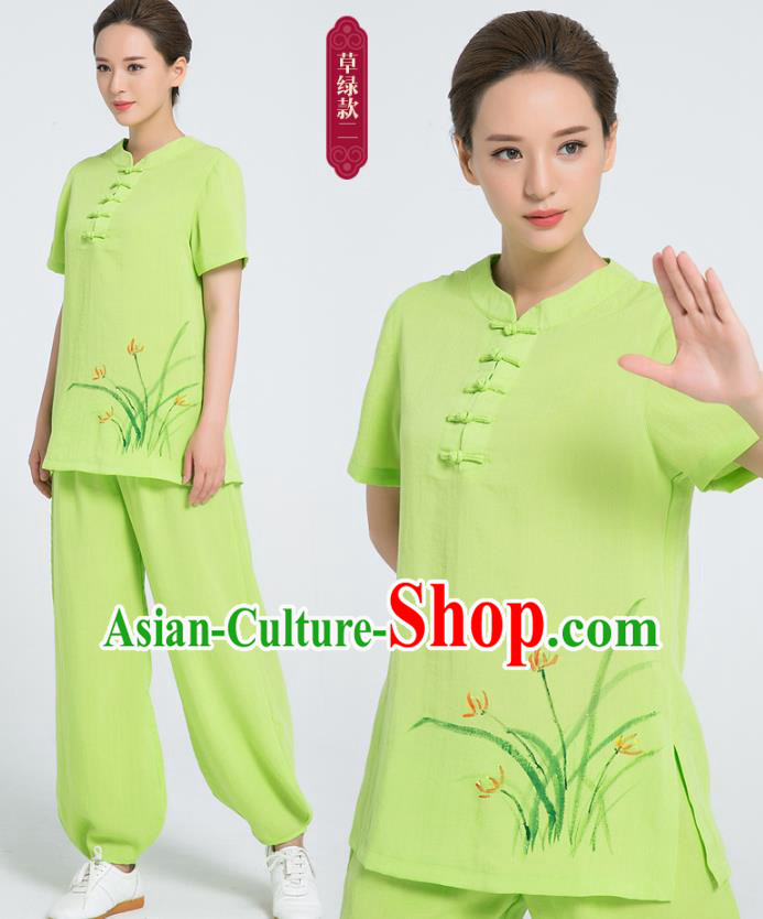 Professional Chinese Tai Chi Hand Painting Orchid Green Flax Blouse and Pants Costumes Kung Fu Training Garment Martial Arts Outfits for Women