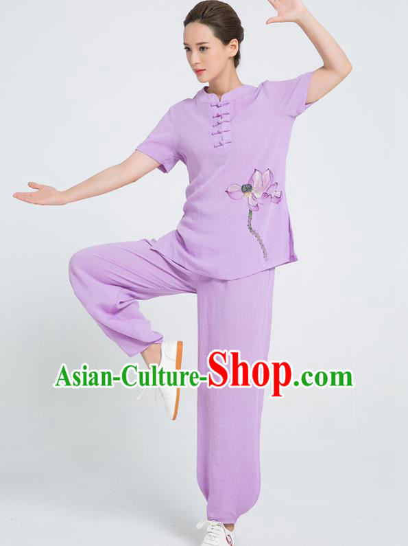 Professional Chinese Tai Chi Hand Painting Lotus Violet Flax Blouse and Pants Costumes Kung Fu Training Garment Martial Arts Outfits for Women