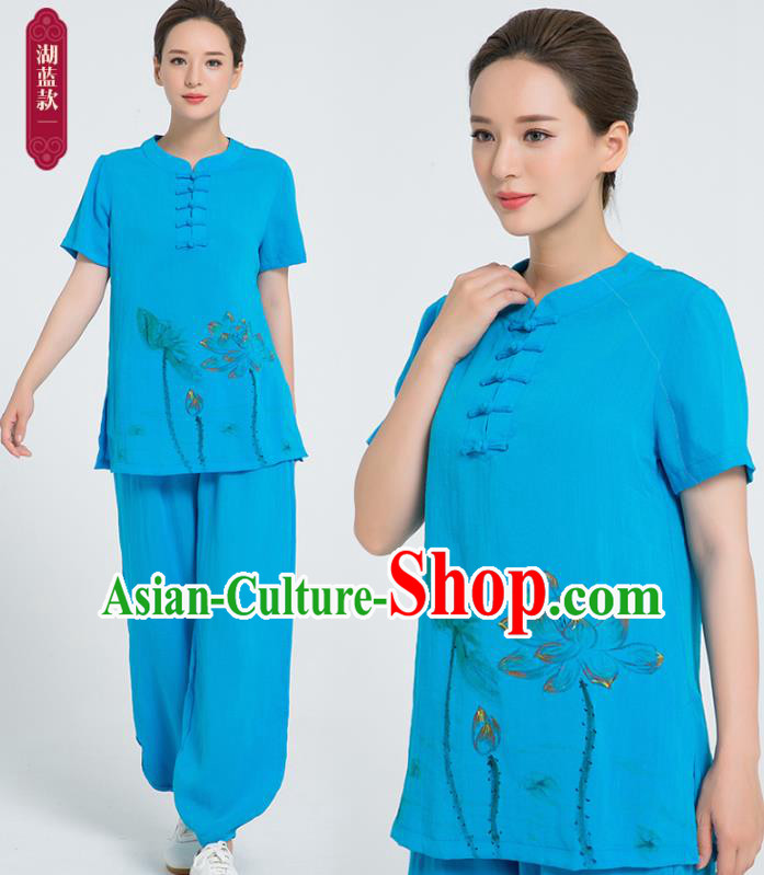 Professional Chinese Tai Chi Hand Painting Lotus Blue Flax Blouse and Pants Costumes Kung Fu Training Garment Martial Arts Outfits for Women