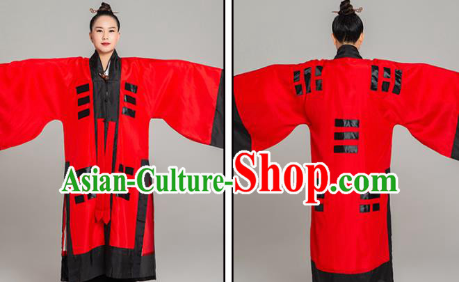 Asian Chinese Traditional Taoist Nun Red Tussah Silk Priest Frock Martial Arts Costumes China Kung Fu Garment Eight Diagrams Gown for Women