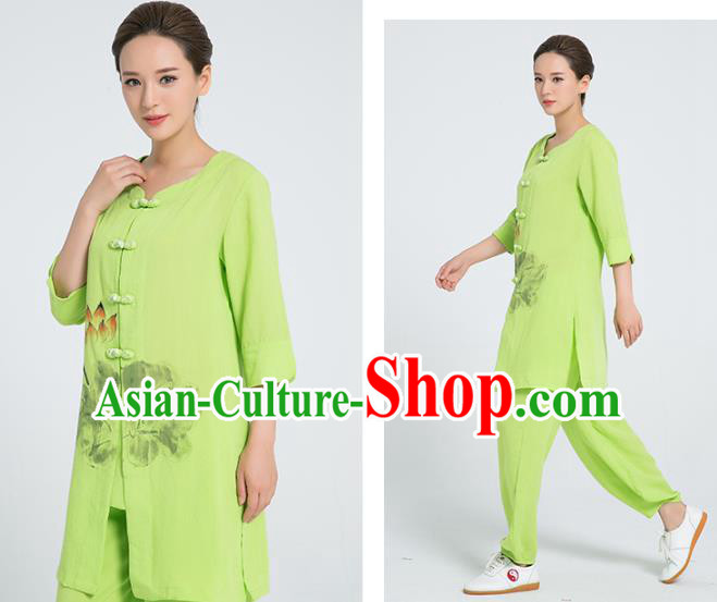 Professional Chinese Martial Arts Hand Painting Lotus Green Flax Blouse and Pants Costumes Kung Fu Training Garment Tai Chi Outfits for Women