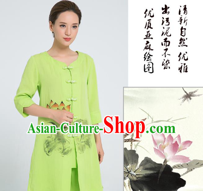 Professional Chinese Martial Arts Hand Painting Lotus Green Flax Blouse and Pants Costumes Kung Fu Training Garment Tai Chi Outfits for Women