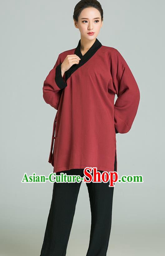 Professional Chinese Tai Chi Training Maroon Flax Blouse and Black Pants Costumes Kung Fu Garment Martial Arts Outfits for Women