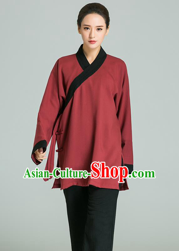 Professional Chinese Tai Chi Training Maroon Flax Blouse and Black Pants Costumes Kung Fu Garment Martial Arts Outfits for Women
