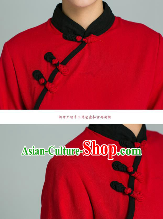 Professional Chinese Tang Suit Red Blouse and Black Pants Costumes Kung Fu Garment Tai Chi Training Outfits for Women