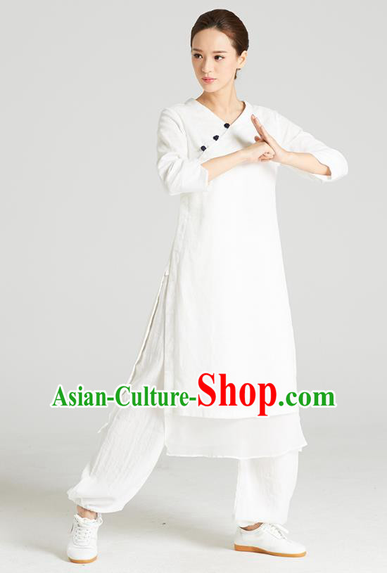 Professional Chinese Tang Suit White Long Blouse and Pants Costumes Kung Fu Garment Traditional Wudang Tai Chi Training Outfits for Women