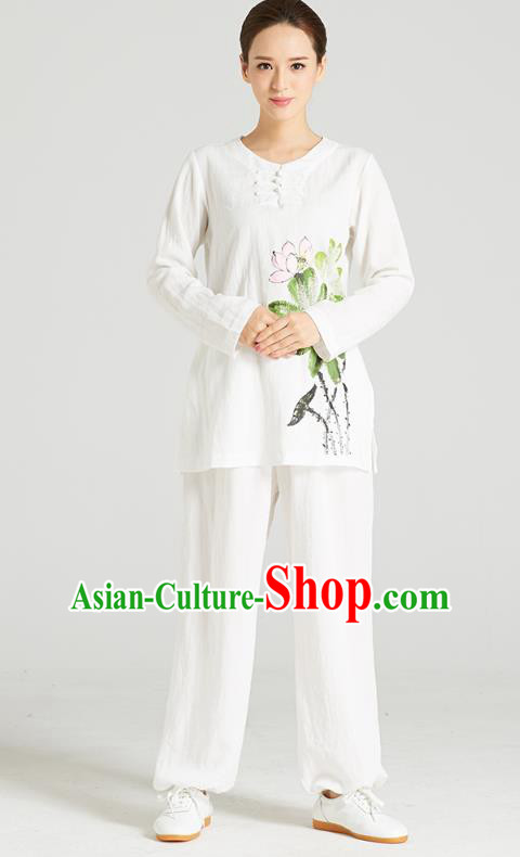 Professional Chinese Hand Painting Lotus Outfits Costumes Kung Fu Garment Traditional Wudang Tai Chi Training White Flax Blouse and Pants for Women