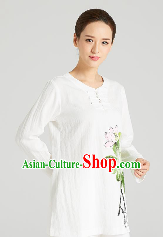 Professional Chinese Hand Painting Lotus Outfits Costumes Kung Fu Garment Traditional Wudang Tai Chi Training White Flax Blouse and Pants for Women