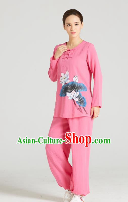 Professional Chinese Hand Painting Lotus Outfits Costumes Kung Fu Garment Traditional Wudang Tai Chi Training Pink Flax Blouse and Pants for Women