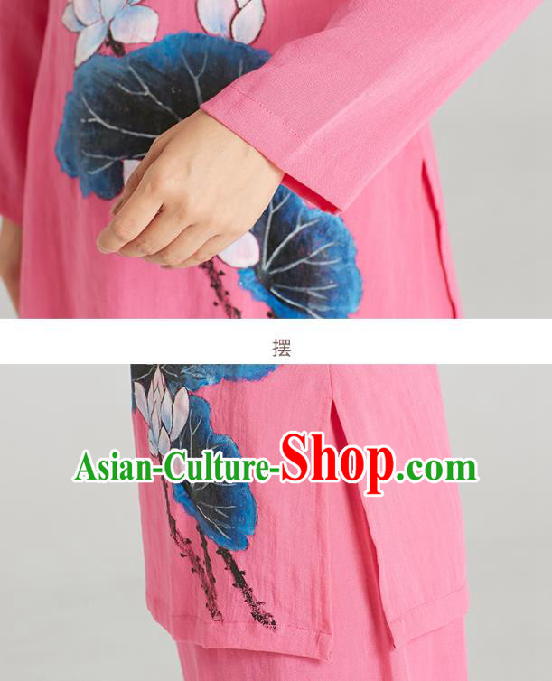 Professional Chinese Hand Painting Lotus Outfits Costumes Kung Fu Garment Traditional Wudang Tai Chi Training Pink Flax Blouse and Pants for Women