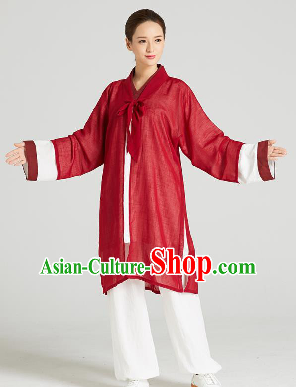 Professional Chinese Kung Fu Garment Wudang Tai Chi Training Outfits Traditional Red Flax Cloak Blouse and Pants Costumes for Women