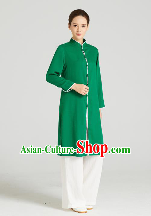 Professional Chinese Kung Fu Garment Wudang Tai Chi Training Outfits Traditional Green Linen Blouse and Pants Costumes for Women