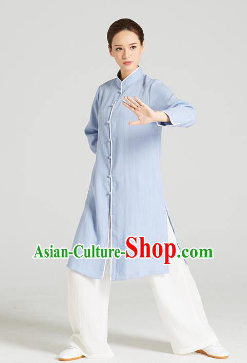 Professional Chinese Kung Fu Garment Wudang Tai Chi Training Outfits Traditional Blue Linen Blouse and Pants Costumes for Women