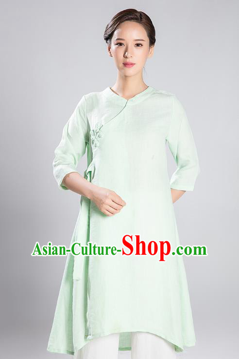Professional Chinese Wudang Tai Chi Training Outfits Traditional Light Green Flax Blouse and Pants Costumes Kung Fu Garment for Women