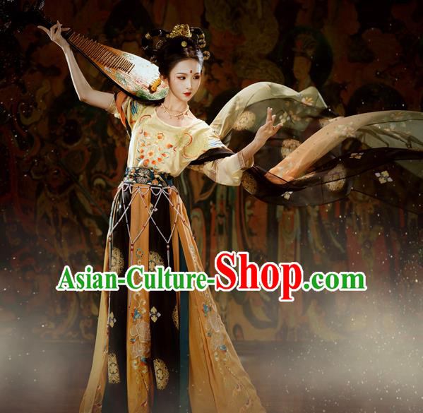 Chinese Ancient Tang Dynasty Flying Apsaras Goddess Hanfu Embroidered Half Sleeved Garment Blouse and Skirt Historical Costumes Full Set