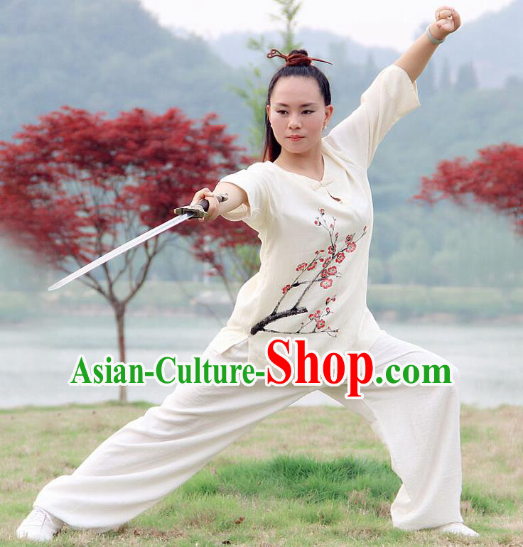 Professional Chinese Traditional Hand Painting Plum Flax Blouse and Pants Costumes Kung Fu Garment Wudang Tai Chi Training Outfits for Women