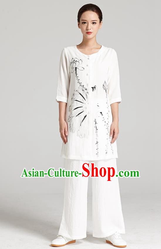 Professional Chinese Traditional Hand Painting Lotus Flax Blouse and Pants Costumes Kung Fu Garment Wudang Tai Chi Training Outfits for Women