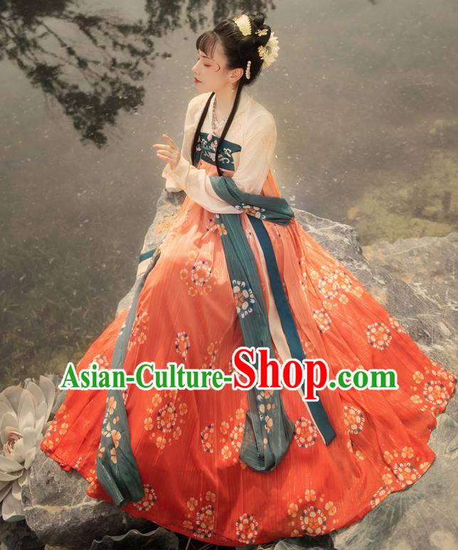 Chinese Ancient Tang Dynasty Hanfu Garment Royal Princess Embroidered Blouse and Skirt Costumes for Women