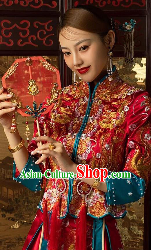 Chinese Traditional Wedding Costumes Bride Apparels Embroidered Xiuhe Suits Red Blouse and Dress for Women