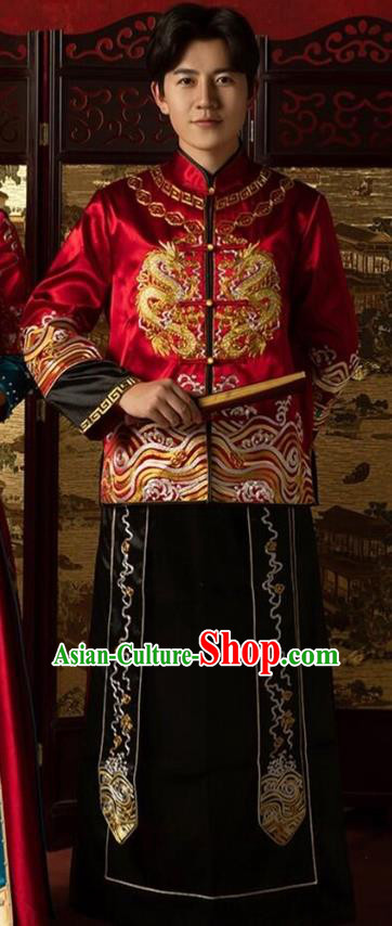Top Chinese Traditional Bridegroom Wedding Costume Ancient Embroidered Clothing Tang Suit Red Mandarin Jacket and Black Gown for Men