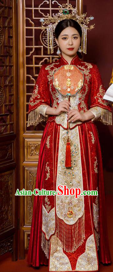 Chinese Traditional Wedding Drilling Peacock Costumes Bride Apparels Xiuhe Suits Embroidered Red Blouse and Dress for Women
