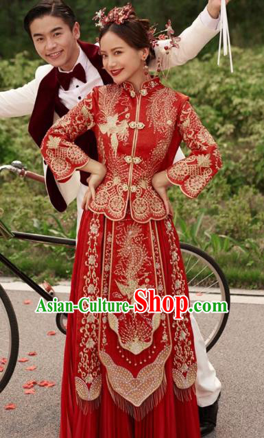 Chinese Traditional Wedding Drilling Phoenix Costumes Bride Apparels Xiuhe Suits Embroidered Red Blouse and Dress for Women