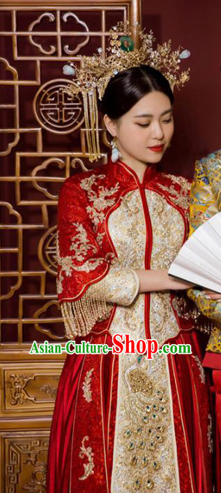 Chinese Traditional Wedding Drilling Peacock Costumes Bride Apparels Xiuhe Suits Embroidered Red Blouse and Dress for Women