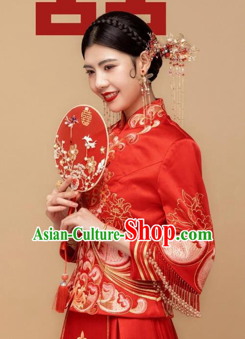 Chinese Traditional Wedding Bride Xiuhe Suits Apparels Embroidered Red Blouse and Dress Costumes for Women