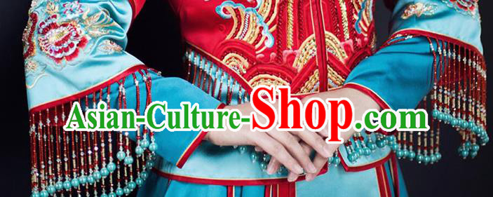 Chinese Traditional Wedding Bride Xiuhe Suits Apparels Embroidered Red Blouse and Blue Dress Costumes for Women
