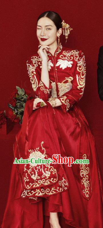 Chinese Traditional Wedding Apparels Embroidered Red Blouse and Dress Costumes Bride Xiuhe Suits for Women