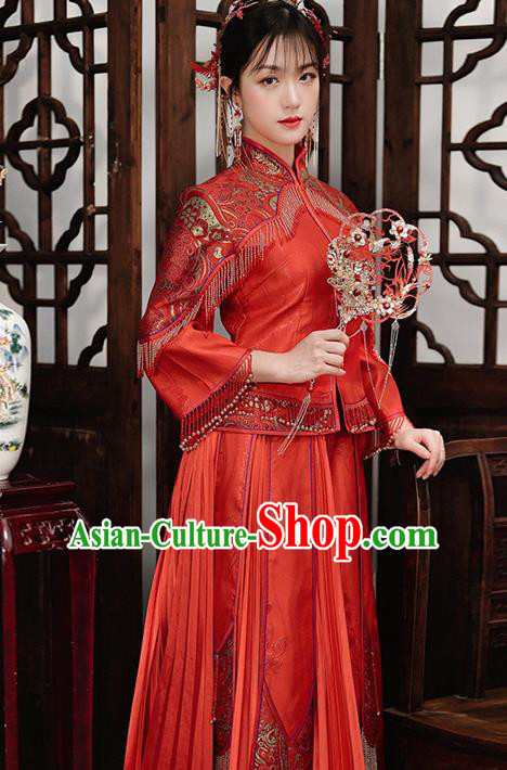 Chinese Traditional Wedding Apparels Embroidered Red Tassel Blouse and Dress Costumes Bride Slim Xiuhe Suits for Women
