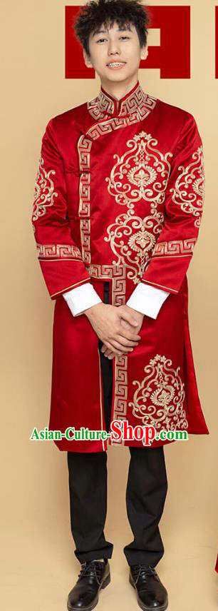 Top Chinese Traditional Wedding Costume Ancient Bridegroom Clothing Tang Suit Wine Red Long Mandarin Jacket for Men
