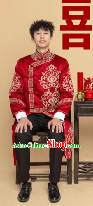 Top Chinese Traditional Wedding Costume Ancient Bridegroom Clothing Tang Suit Wine Red Long Mandarin Jacket for Men