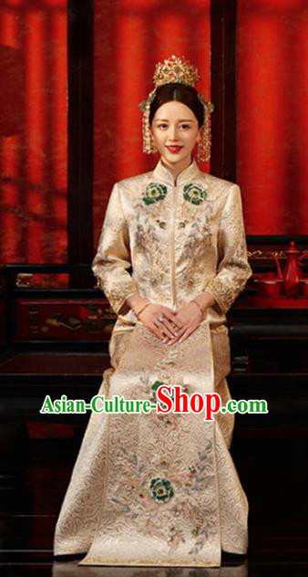 Chinese Traditional Bride Light Golden Apparels Embroidered Blouse and Dress Costumes Wedding Xiuhe Suits for Women