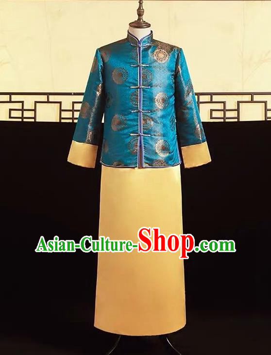 Top Chinese Traditional Wedding Costume Ancient Bridegroom Clothing Tang Suit Blue Mandarin Jacket and Golden Gown for Men