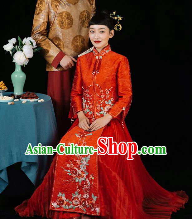 Chinese Traditional Wedding Costumes Bride Apparels Embroidered Red Blouse ans Skirt Xiuhe Suits for Women