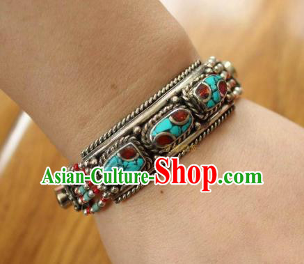 Chinese Traditional Tibetan Nationality Bracelet Jewelry Accessories Decoration Zang Ethnic Handmade Silver Carving Bangle for Women