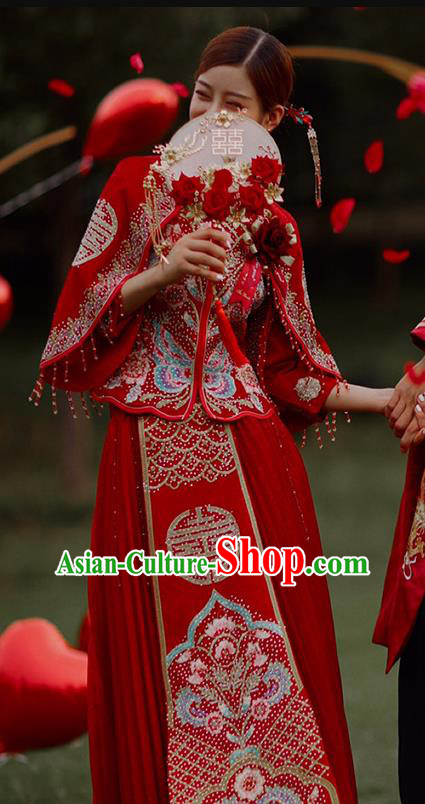 Chinese Traditional Bride Apparels Embroidered Red Blouse and Dress Costumes Wedding Drilling Xiuhe Suits for Women