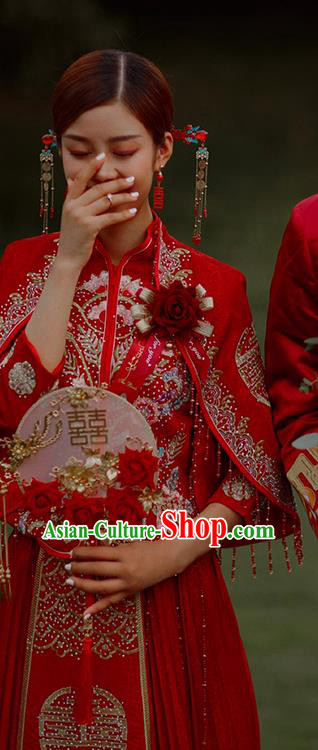 Chinese Traditional Bride Apparels Embroidered Red Blouse and Dress Costumes Wedding Drilling Xiuhe Suits for Women
