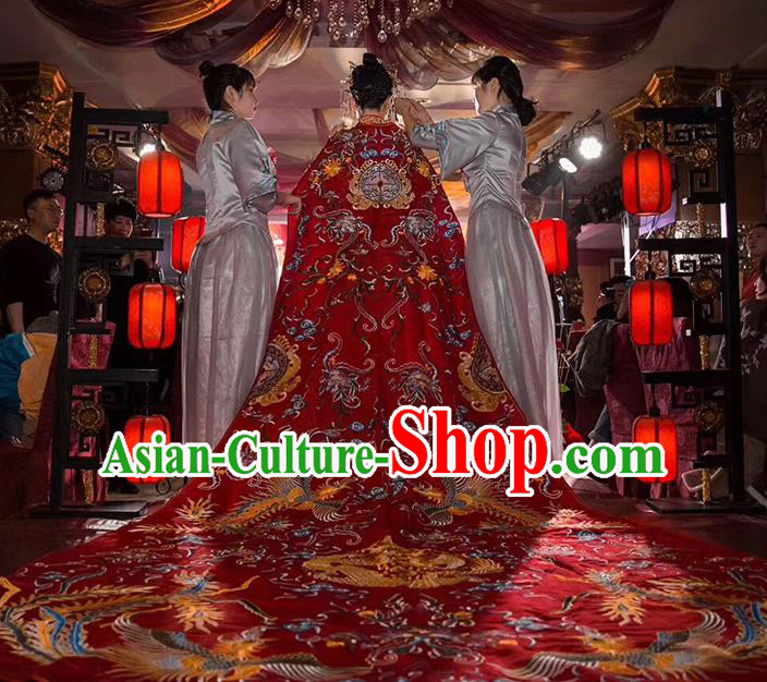 Chinese Traditional Bride Embroidered Long Trailing Three Meter Red Cape Apparels Costumes Wedding Xiuhe Suits Cloak for Women