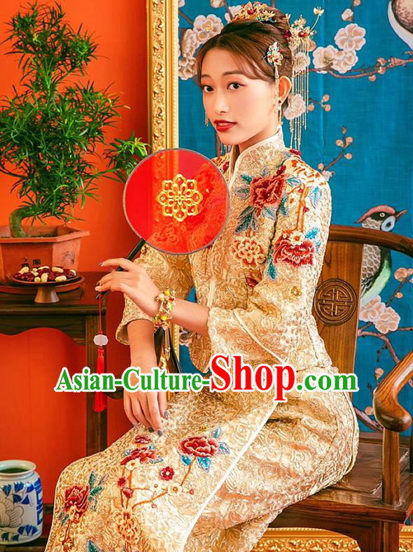 Chinese Traditional Bride Embroidered Peony Apparels Golden Blouse and Dress Costumes Wedding Xiuhe Suits for Women