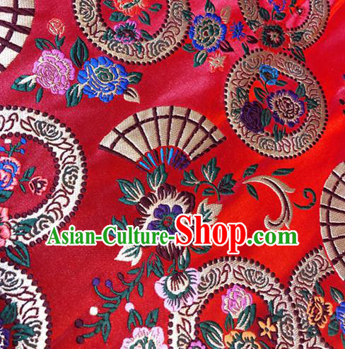 Asian Chinese Traditional Fan Flowers Pattern Design Red Brocade Fabric Cheongsam Silk Tapestry Material