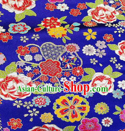 Japanese Traditional Rose Flowers Pattern Design Royalblue Brocade Fabric Nishijin Silk Traditional Asian Yamato Kimono Tapestry Satin Material